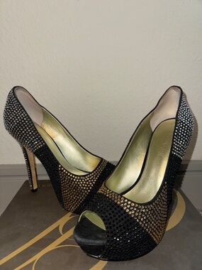 Enzo Angiolini Black and Gold Crystal Peep-Toe Pumps